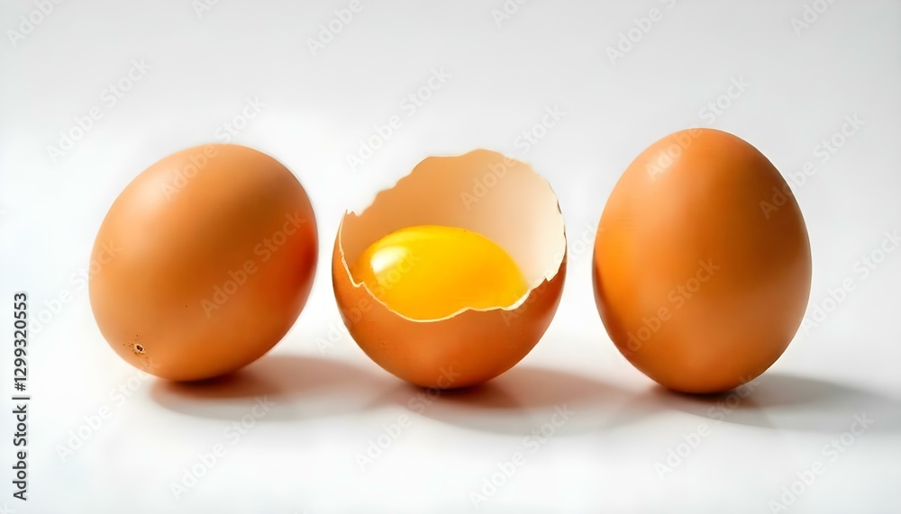 Tres huevos marrones están dispuestos sobre una superficie blanca. Un huevo se abre, revelando una yema de color amarillo brillante en su interior Tres huevos marrones están dispuestos sobre una superficie blanca. Un huevo se abre, revelando una yema de color amarillo brillante en su interior