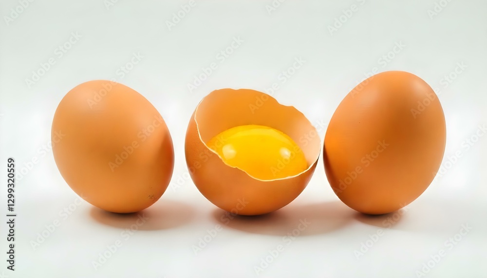 Tres huevos marrones están dispuestos sobre una superficie blanca. Un huevo se abre, revelando una yema de color amarillo brillante en su interior Tres huevos marrones están dispuestos sobre una superficie blanca. Un huevo se abre, revelando una yema de color amarillo brillante en su interior