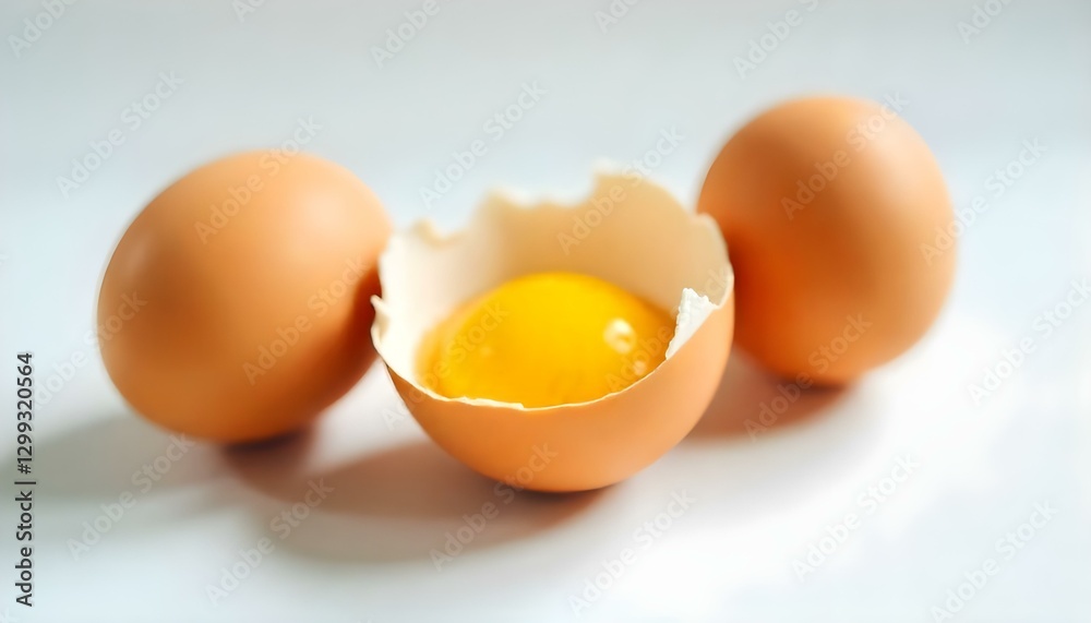 Tres huevos marrones están dispuestos sobre una superficie blanca. Un huevo se abre, revelando una yema de color amarillo brillante en su interior Tres huevos marrones están dispuestos sobre una superficie blanca. Un huevo se abre, revelando una yema de color amarillo brillante en su interior