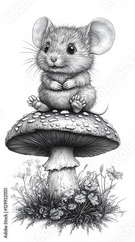Hand-drawn mouse on toadstool high resolution hd design
