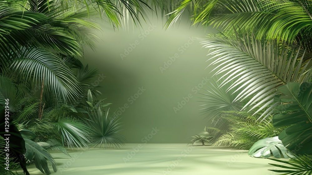 Lush Tropical Jungle Setting; Product Display; Mist; Background; Advertising Lush Tropical Jungle Setting; Product Display; Mist; Background; Advertising