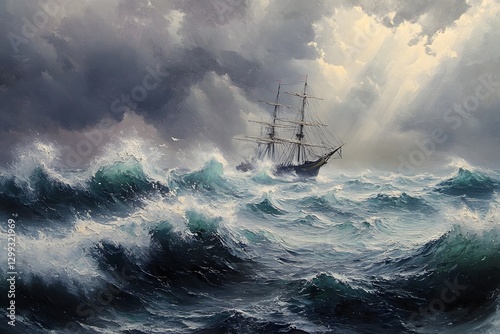 Dramatic Stormy Seascape with Sailing Ship Battling Raging Ocean Waves