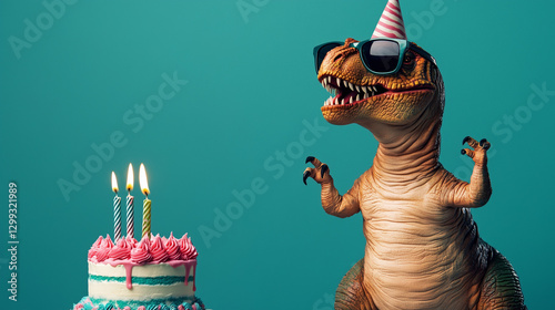 Tyrannosaurs Rex (T Rex) dinosaur wearing sunglasses, sitting by a birthday cake. Happy birthday party graphic banner with copyspace