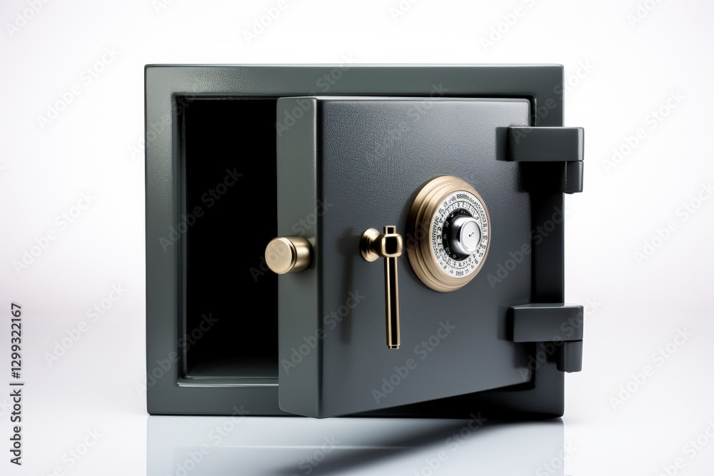 Secure steel safe with combination lock and key on white background Secure steel safe with combination lock and key on white background