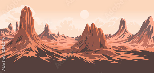 Sunset over rocky desolate landscape