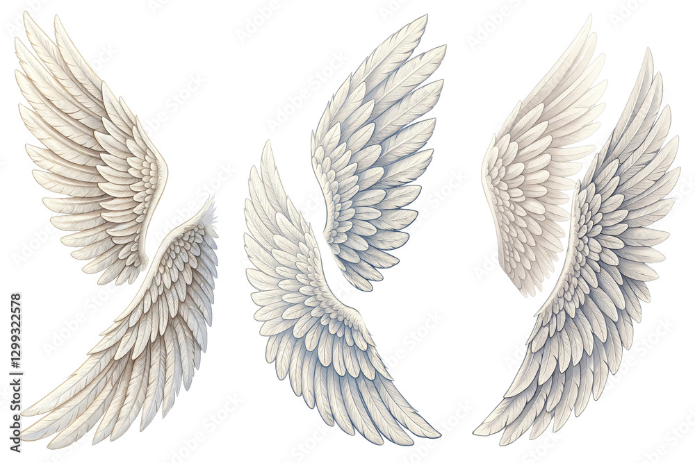 Fototapeta premium Four White Angel Wings Set, Isolated on Transparent Background, Digital Illustration, Feather Design, Angel wings, white wings, digital art