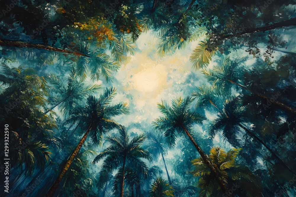 Obraz premium Mystical Tropical Rainforest Landscape with Lush Palm Trees and Beams of Sunlight