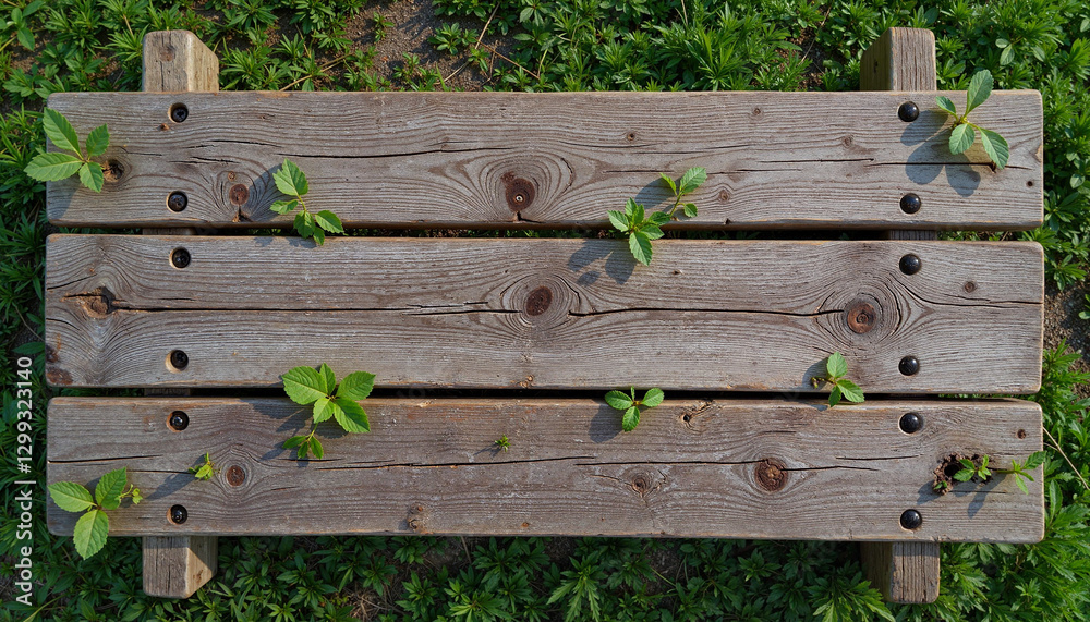 Obraz premium Old picnic table with growing plants, nature's resilience