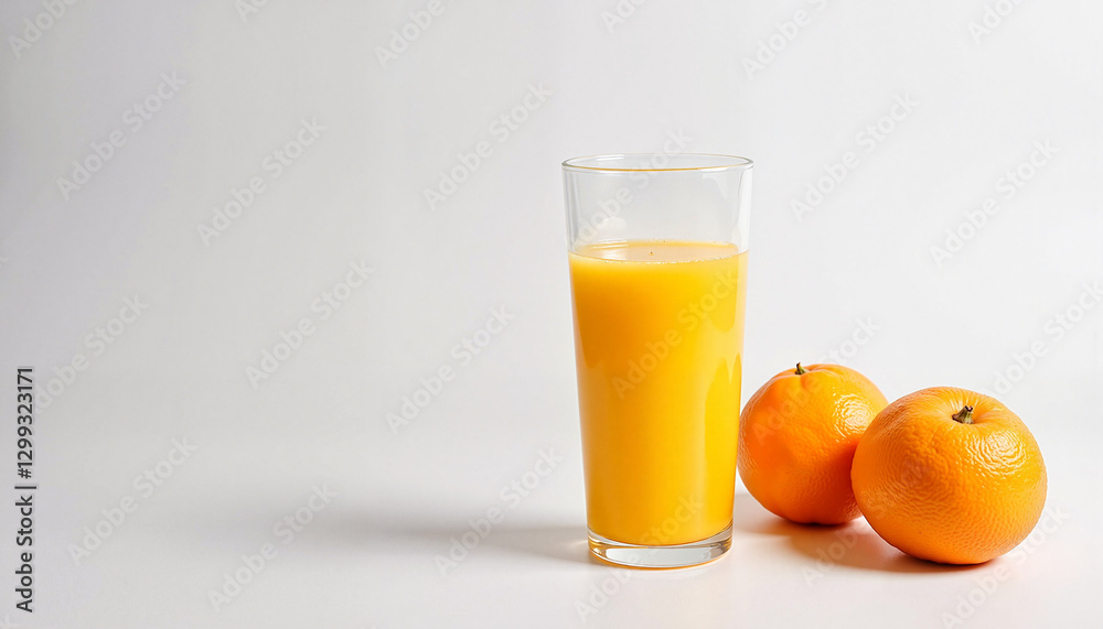 Freshly squeezed orange juice with whole oranges on white surface, vitality Freshly squeezed orange juice with whole oranges on white surface, vitality