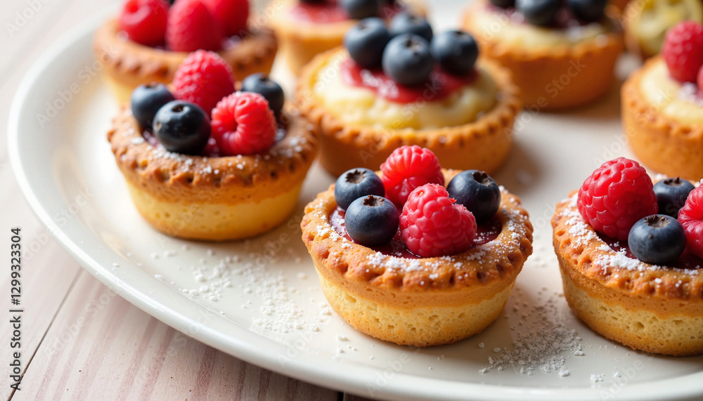 Colorful fruit tarts and éclairs on wooden platter, pastry indulgence Colorful fruit tarts and éclairs on wooden platter, pastry indulgence