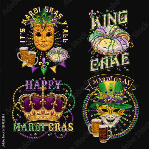 Carnival Mardi Gras labels with masquerade masks, crown, festive food king cake, beer, beads, glossy text. Vintage illustrations on black background. For prints, clothing, t shirt, holiday design