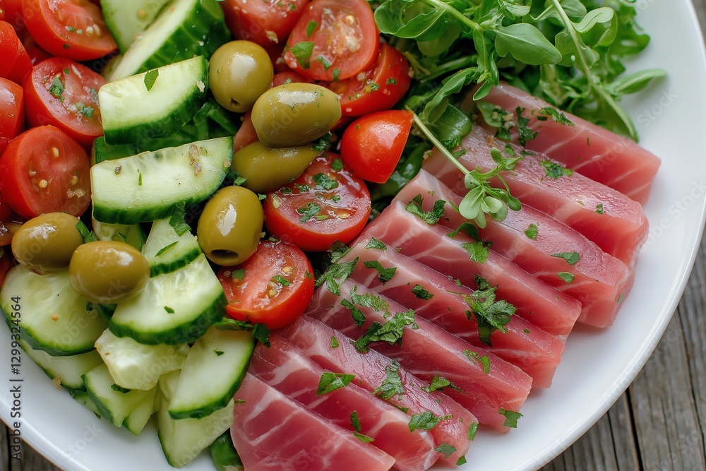 Colorful nicoise salad featuring sliced tomatoes, cucumbers, olives, arugula, and fresh tuna. Concept of nicoise salad showcases vibrant, healthy ingredients for balanced meals Colorful nicoise salad featuring sliced tomatoes, cucumbers, olives, arugula, and fresh tuna. Concept of nicoise salad showcases vibrant, healthy ingredients for balanced meals
