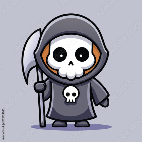 Grim Reaper Illustration: A cute grim reaper cartoon character. He's designed with a small skull. He is holding a scythe, the classic symbol.