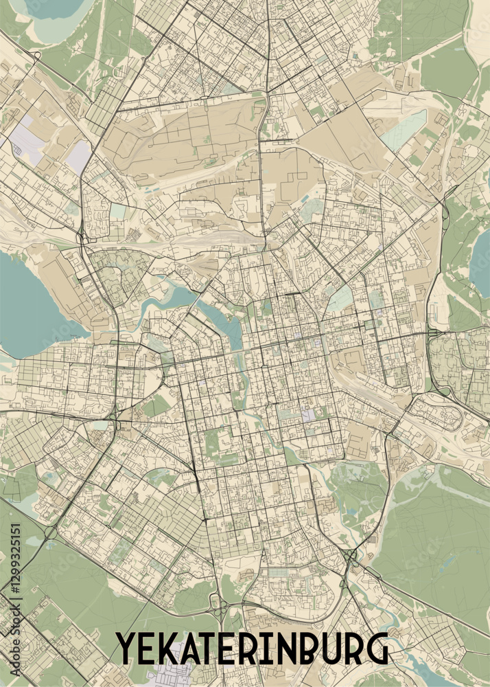 Obraz premium The image depicts a detailed map of Yekaterinburg, a city in Russia. The map is rendered in a minimalist style with beige and brown tones, highlighting the city's street network.