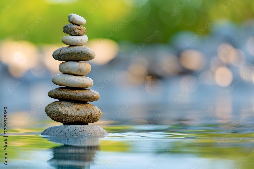 Obraz premium A balanced stack of stones floats gently in the calm water of a pond, surrounded by soft-focus greenery, Reflecting on all the milestones you've achieved during your time with us