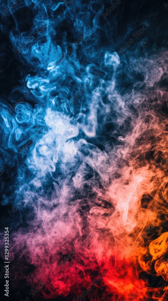 Fototapeta premium Colorful smoke swirls against black background; abstract art, design