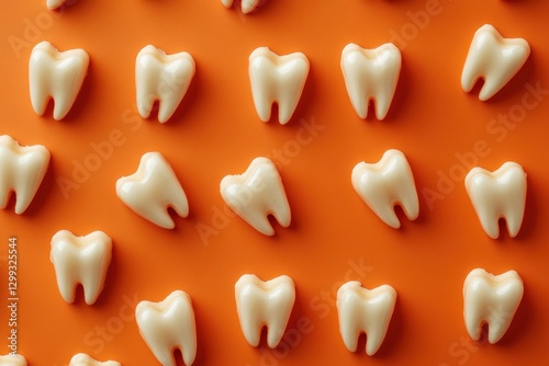 Several identical teeth are arranged in an orange pattern photo