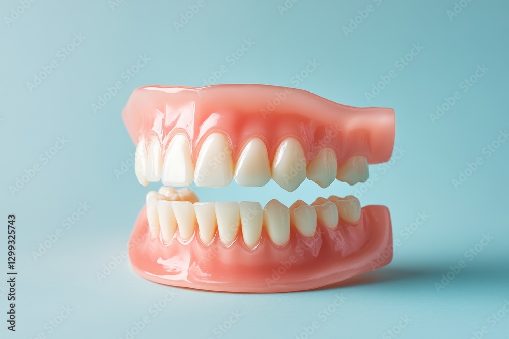 A pair of dentures displayed against a pastel blue background A pair of dentures displayed against a pastel blue background