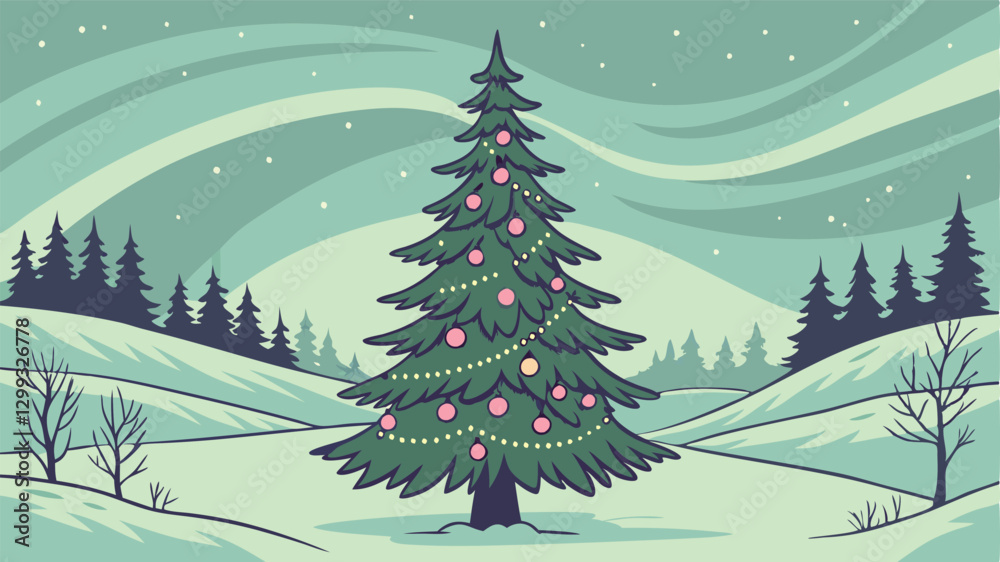 Obraz premium Winter wonderland Christmas background featuring grand decorated tree, sparkling ornaments, glowing lanterns, dreamy aurora borealis, and icy landscape with snow-covered pine trees in a magical scene