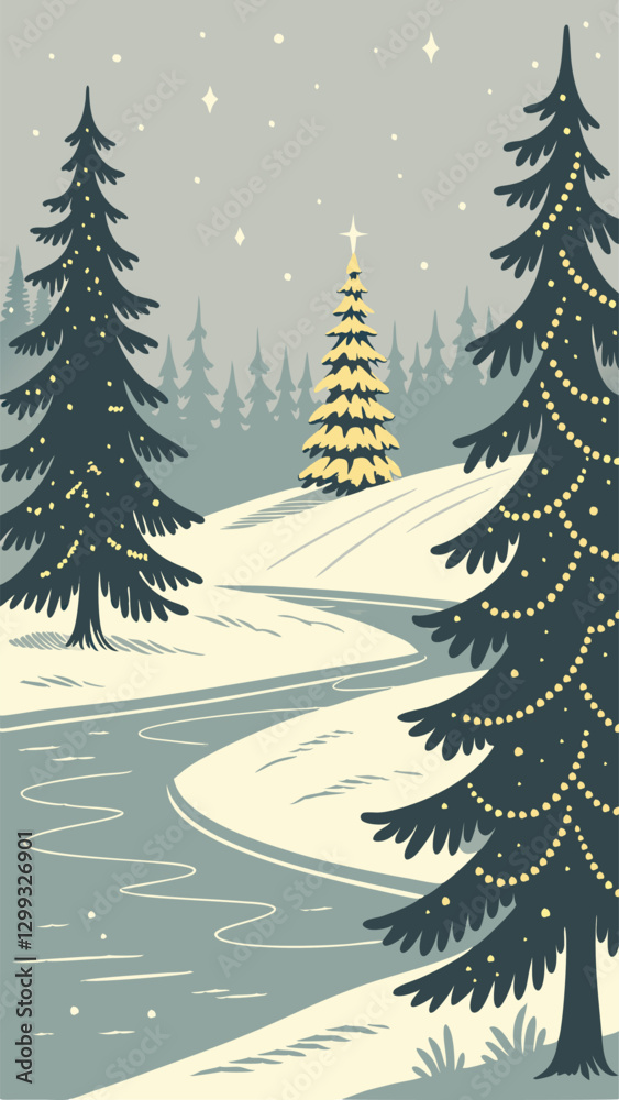 Fototapeta premium Frozen lake Christmas background with snow-covered fir trees, golden fairy lights reflecting in icy water, dreamy winter landscape, and a beautifully decorated Christmas tree glowing on a snowy hill