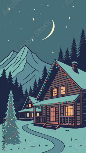 Christmas mountain night background featuring cozy wooden cabins decorated with colorful string lights, snow-covered pine trees, twinkling stars, and breathtaking northern lights illuminating