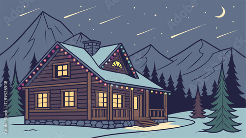 Christmas mountain night background featuring cozy wooden cabins decorated with colorful string lights, snow-covered pine trees, twinkling stars, and breathtaking northern lights illuminating
