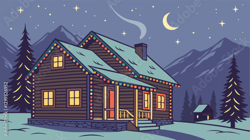 Christmas mountain night background featuring cozy wooden cabins decorated with colorful string lights, snow-covered pine trees, twinkling stars, and breathtaking northern lights illuminating