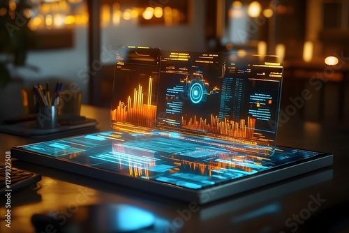 The advanced digital dashboard showcases futuristic data analytics and visualization on a sleek holographic interface