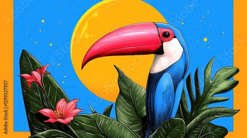 Vibrant Toucan amidst Tropical Flora and Moon