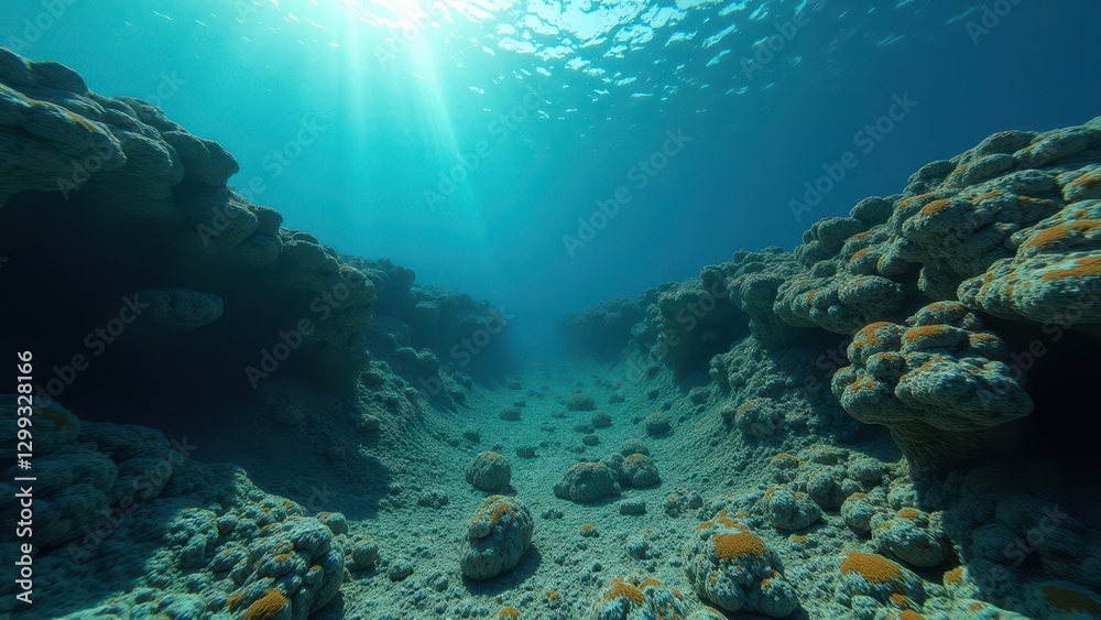 Fototapeta premium A coral reef with sunSunlight streaming through an underwater coral canyon affected by bleaching and climate change light shining through the water