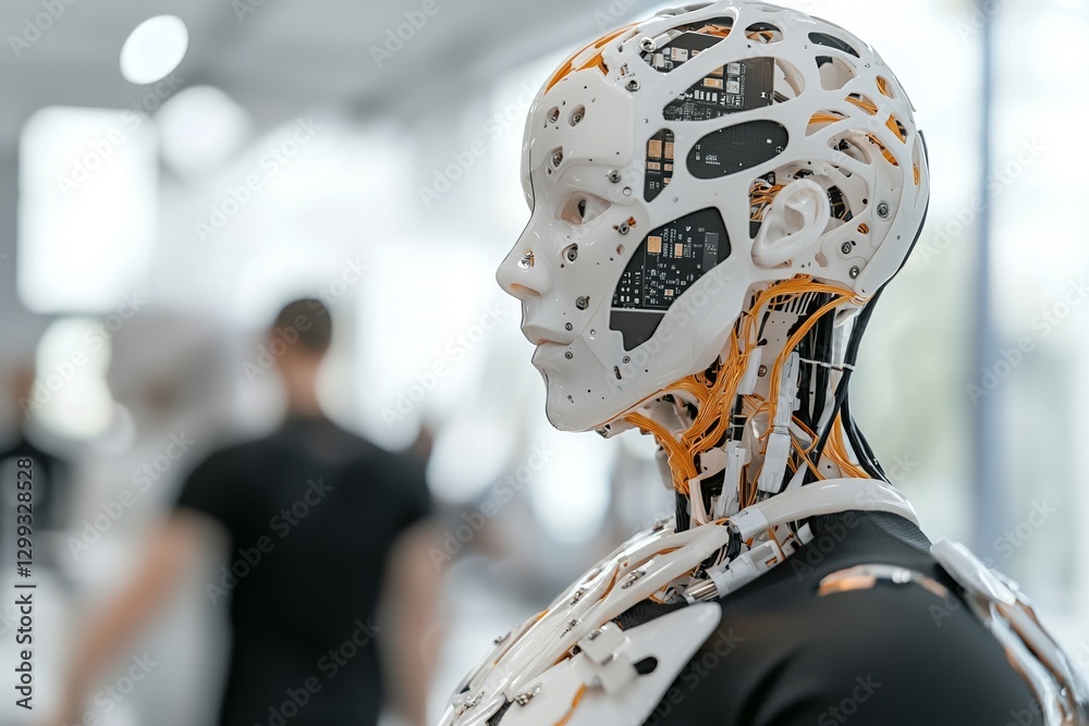 Fototapeta premium The humanoid robot, bearing the distinctive AI logo on its frame, works together with human colleagues, relying heavily on its AI-powered abilities to contribute significantly to