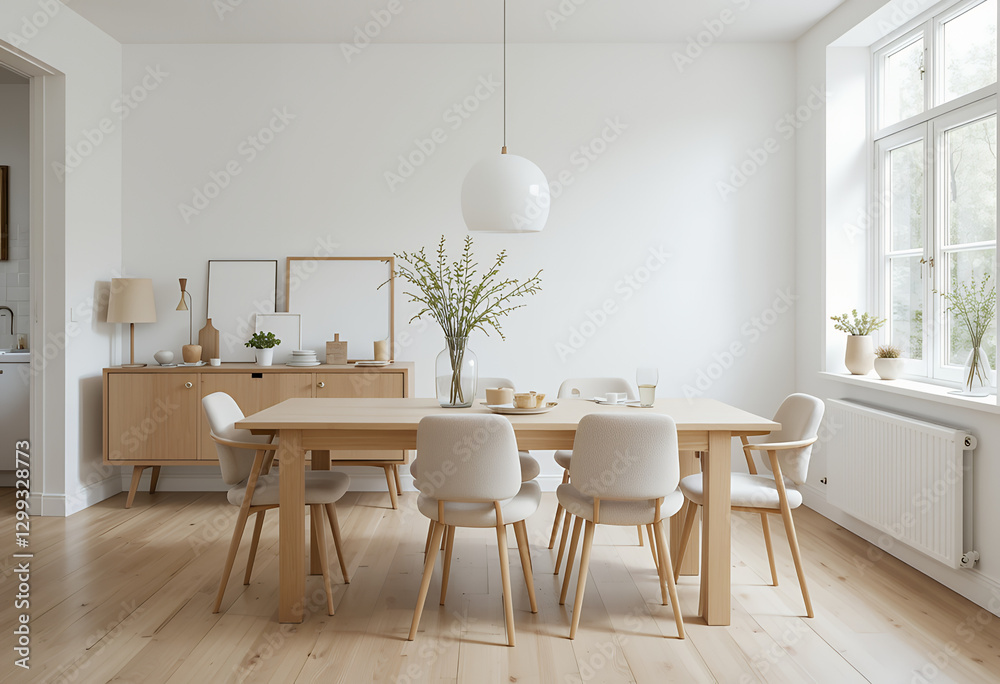 dining area in Scandi style with a simple natural wood table, light-toned fabric chairs, and minimalist decorative elements. dining area in Scandi style with a simple natural wood table, light-toned fabric chairs, and minimalist decorative elements.