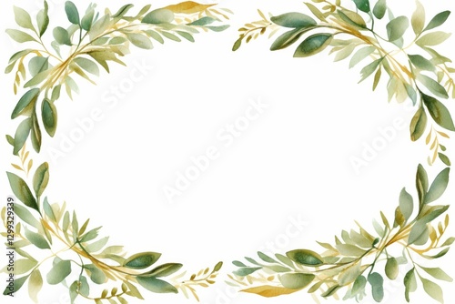 Watercolor frame with thin squares made of green and yellow leaves on a white background.