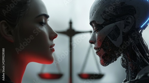 The image depicts a conceptual scene with two contrasting representations of stock: a radiant and benevolent side, and a dark and ominous side, balanced by a scale at the center
