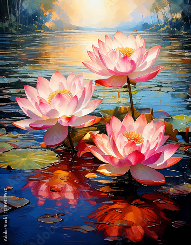Lotus flowers in a lake painting, water lily in the pond, pink flowers wall art background vector design, flower illustration