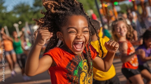 Children dancing joyfully at a park celebration wearing bright t-shirts in a colorful Juneteenth event. Generative AI