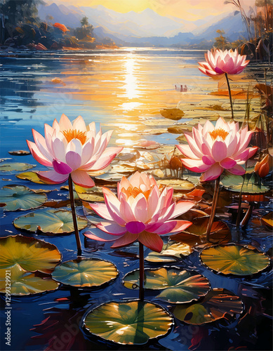 Lotus flowers in a lake painting, water lily in the pond, pink flowers wall art background vector design, flower illustration
