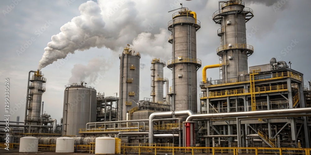Industrial facility emits smoke and steam under a cloudy sky, showcasing heavy machinery and structures during daylight hours