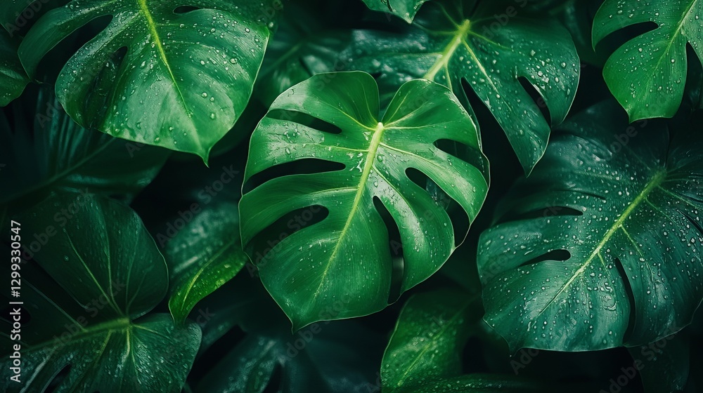 Fototapeta premium Lush green monstera leaves tropical garden nature photography rainy environment close-up view plant aesthetics