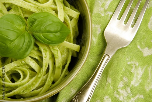 Vibrant pesto pasta garnished with fresh basil leaves in bowl on green cloth. Concept emphasizes pesto pasta as delicious, easy meal perfect for any occasion photo