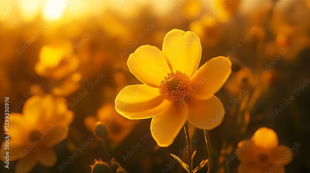Fototapeta premium Golden yellow flower in a vibrant meadow at sunset nature photography serene environment close-up view