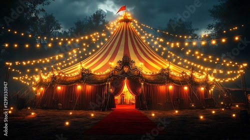Illuminated circus tent at night with lights high resolution hd image