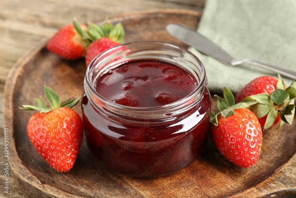 Delicious strawberry sauce and fresh berries on wooden table, closeup Delicious strawberry sauce and fresh berries on wooden table, closeup