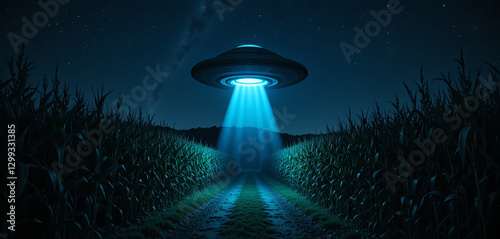 Fototapeta Naklejka Na Ścianę i Meble -  A sleek spacecraft emits bright beams of light over a pathway in a cornfield, surrounded by tall crops and a vast night sky filled with stars, creating an eerie atmosphere