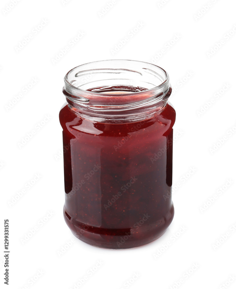 Delicious strawberry sauce in glass jar isolated on white Delicious strawberry sauce in glass jar isolated on white