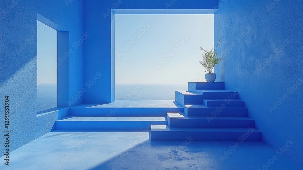 Fototapeta premium Blue Steps Ocean View Minimalist Interior