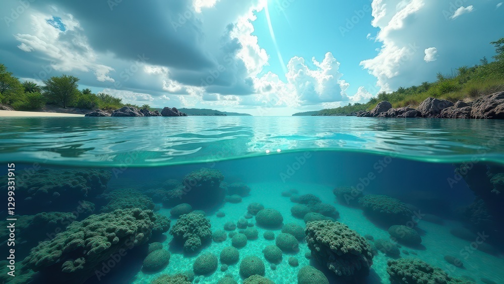 Fototapeta premium Sunlight shining on an underwater coral reef affected by bleaching and climate change 
