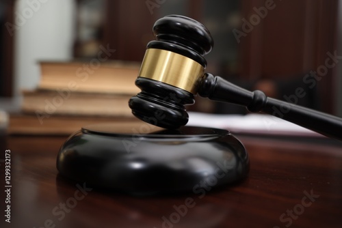 Judge workplace with gavel and books indoors, closeup