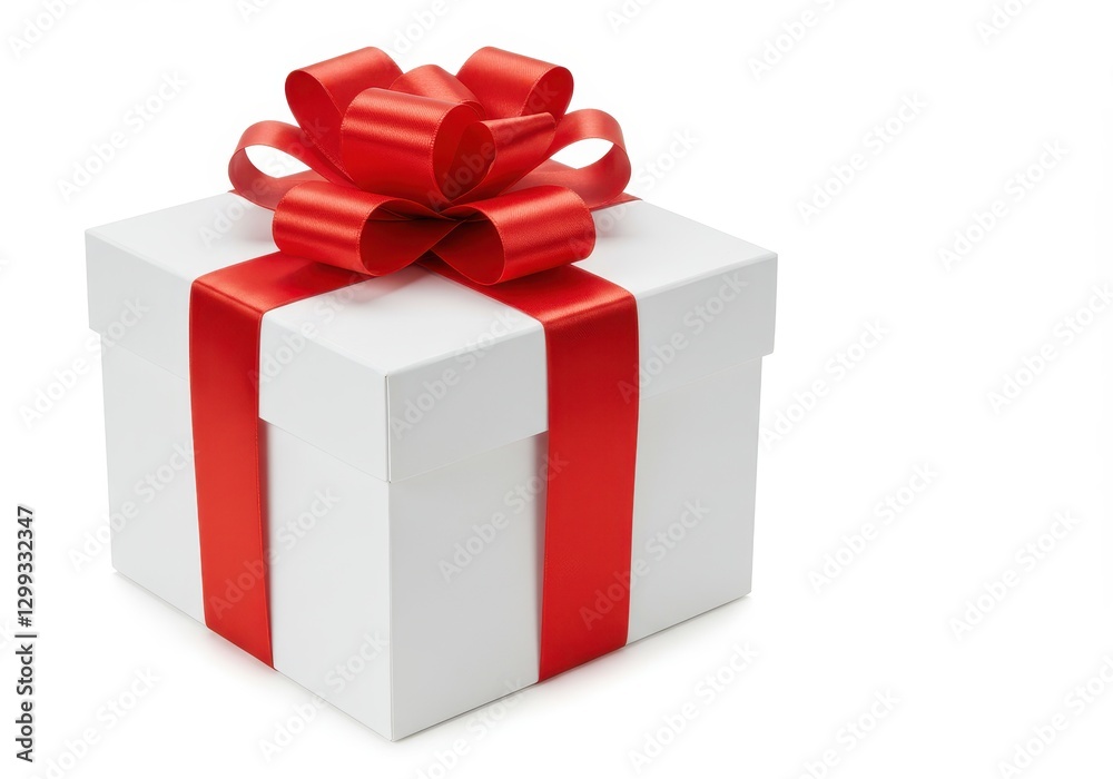 A white gift box wrapped with a red satin ribbon and bow isolated on a white background A white gift box wrapped with a red satin ribbon and bow isolated on a white background