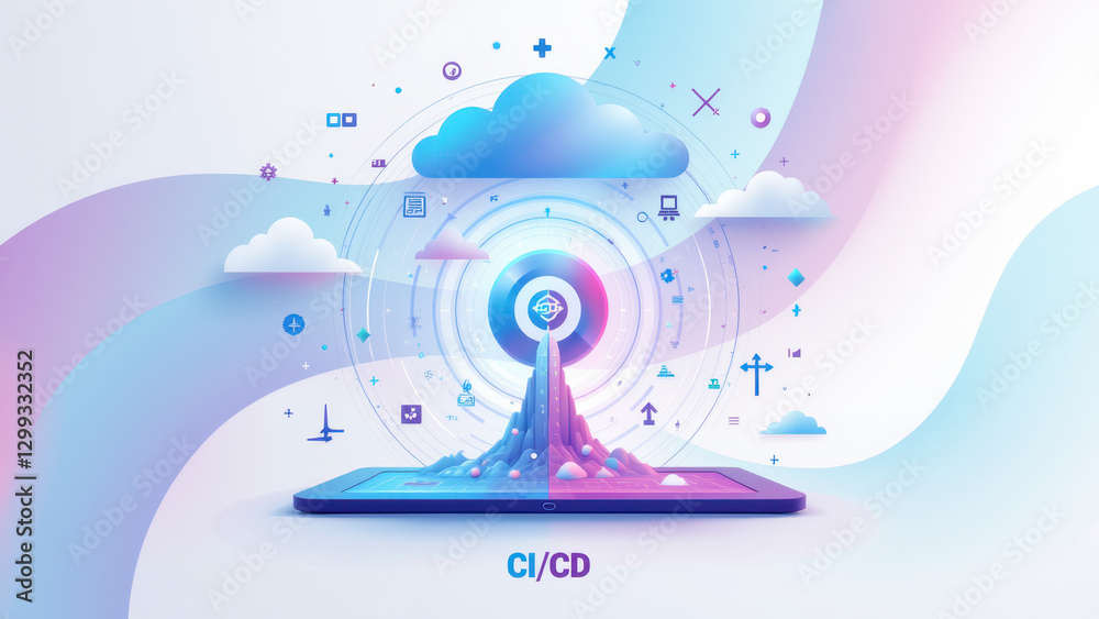 Obraz premium A vibrant illustration of a Ci/CD pipeline with Docker containers and Kubernetes concepts.